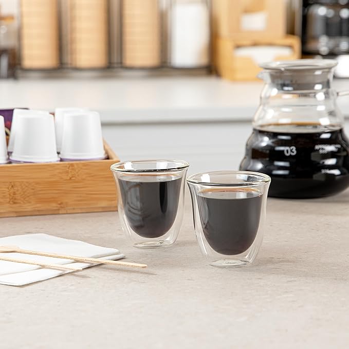 Restaurantware-Forma Professional 2.7 Ounce Double Wall Shot Glasses, 12 Insulated Espresso Cups - Dishwashable, Reusable, Clear Glass Coffee Cups, Freezable, For Hot Or Cold Beverages