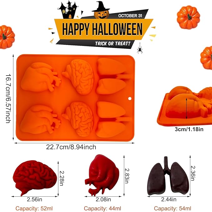 Brain and Heart Cake Mold, 2 Pack Halloween Silicone Molds Human Organ Jello Mold Heart lung Brain Shape Gelatin Chocolate Molds for Halloween Party Baking Mini Cakes Cupcake Muffin Soap Pudding