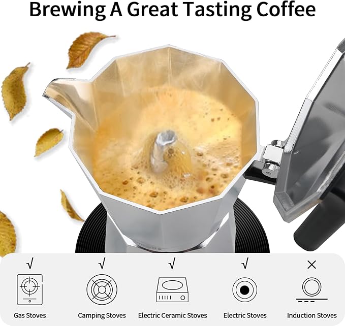 Mongdio Stovetop Espresso Maker Moka Pot, Stove Top Cuban Coffee Maker, Italian Greca Mocha Pot, 9 Espresso Cups, 15 oz - Silver