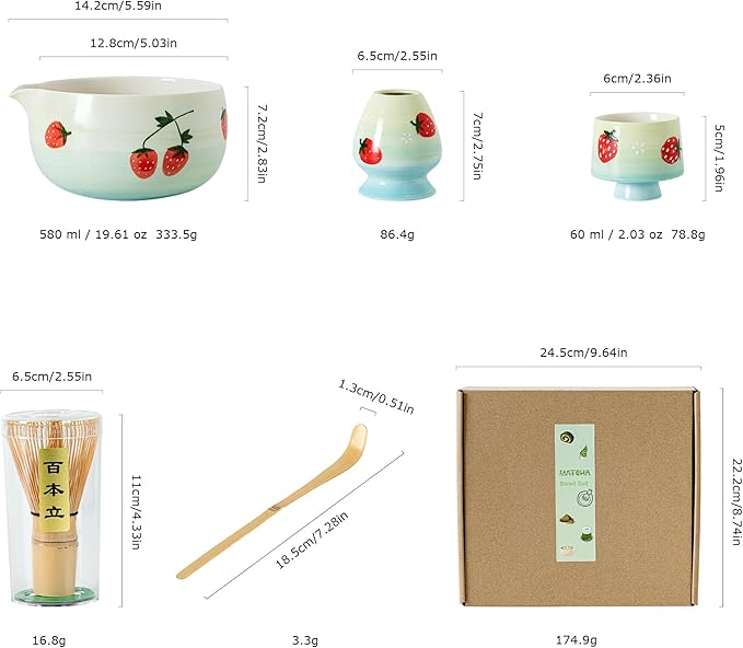 Matcha Whisk Set, Cute Strawberry Matcha Bowl Set with 2 Cups, Bamboo Whisk, Scoop & Holder, Matcha Kit Gift for Tea Lovers and Tea Ceremony, Birthday, Anniversary