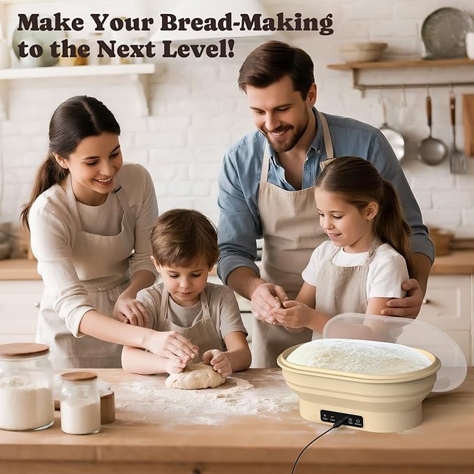 Heating Sourdough Bread Proofing Basket, 2L Electric Thermostatic Silicone Oval Banneton Proofing Bowl with 6 Timer & Temp Settings for Dough Rising, Dishwasher Safe, Foldable Sourdough Starter Bowl