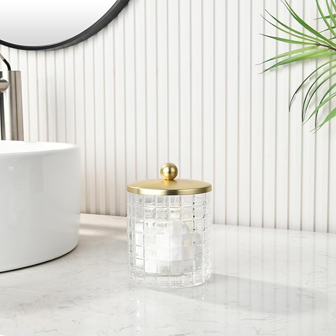 Glass Cotton Jar Holder Matte Gold Lid, Elegant Bathroom Storage Canister for Qtips, Cotton Balls, Floss, Makeup Organizer, Vanity Bathroom Organization