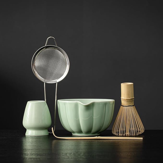 Matcha Whisk Set, Matcha Bowl with Spout, Matcha Whisk, Chasen Holder, Sifter, Bamboo Scoop - 5 Pcs Perfect Matcha Making Kit for Matcha Lover and Tea Ceremony (Emerald Green)