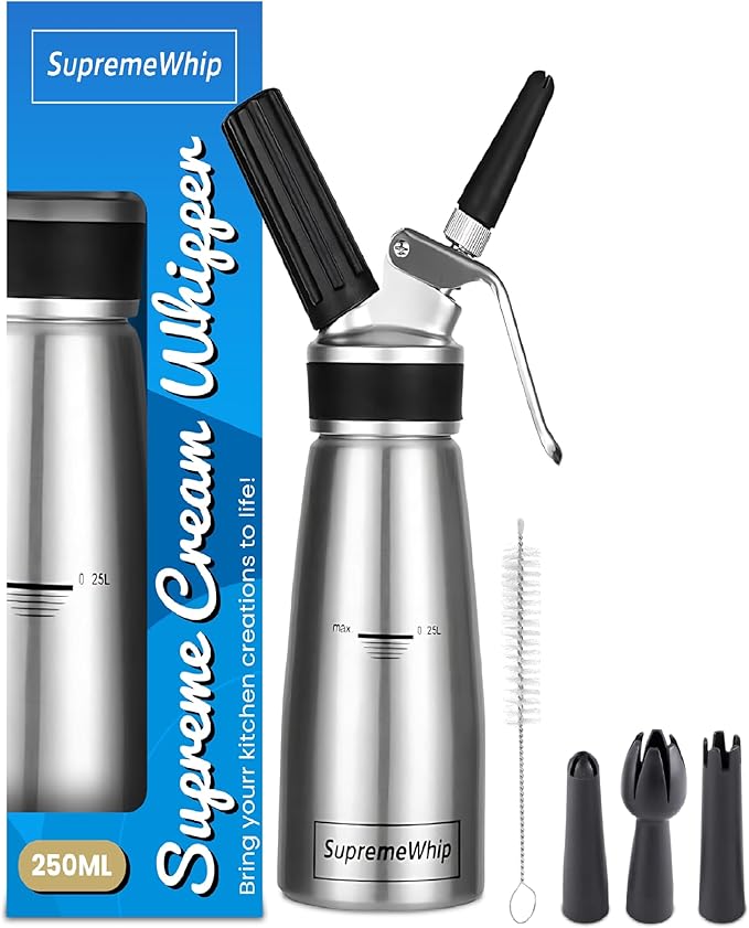 PRO Cream Dispenser, Durable High-Grip, Metal Lid with Rubber, 3 Nozzles, for Hot/Cold Use, Cleaning Brush Included, Silver - 250 ml/1 Pint