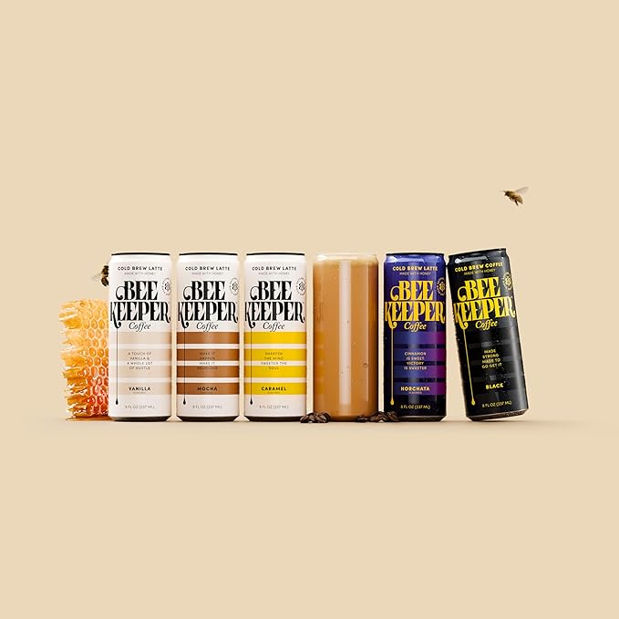 Beekeeper Coffee Cold Brew Caramel Latte with Oregon Honey, 8 fl oz cans (Pack of 12), Ready-to-Drink, 125mg Natural Caffeine