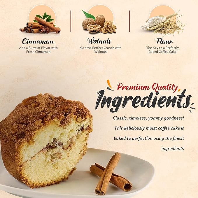Traditional Cinnamon Walnut Coffee Cake - Cinnamon Streusel and Chopped Walnuts Toppings - Delicious Recipe of Coffee Cakes for Special Occasions - 1.75 Pounds