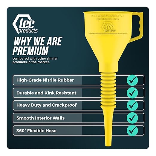 FlexAll Long Flexible Funnel for Automotive Use - Durable Nitrile Rubber - Ideal for Car Oil Change, Transmission Funnel Fluid, Diesel, Fuel, Gas - Made in USA - Yellow (16 x 5 Inches)
