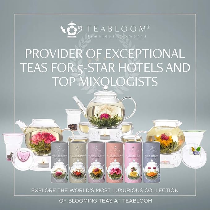Teabloom Caffeine-Free Petite Blooming Teas - Gift Canister of 12 Assorted Flowering Teas - Ideal with Teabloom Borosilicate Glass Cups or Smaller Teapots