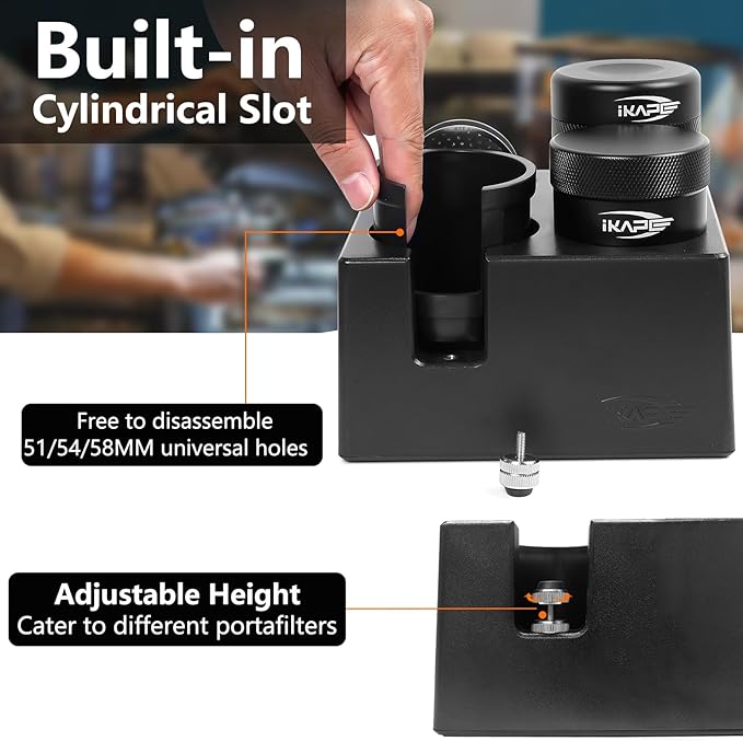 IKAPE ABS Espresso Knock Box, 7 in 1 Coffee Organizer Box Fit for Storage 51, 54, 58MM Espresso Tamper, Distributor, Portafilter & Puck Screen Accessories(Black)