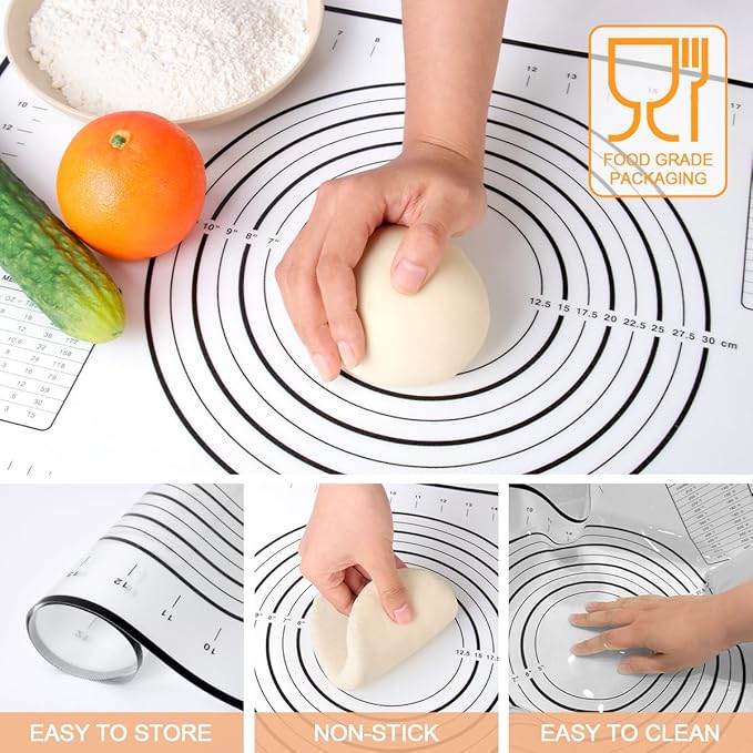Rolling Pin and Silicone Pastry Mat Set, Adjustable Stainless Steel Dough Roller Pin with Silicone Brush for Pizza, Pie, Cookie, Pasta and Bread (Grey, 16.1 '')