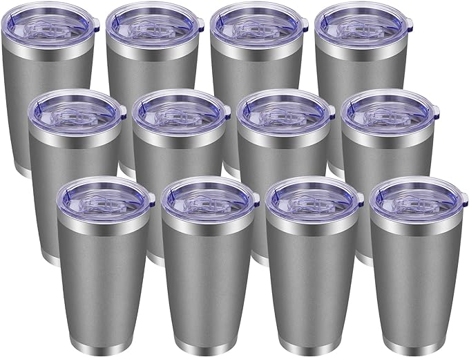 VEGOND 20oz Tumbler with Lid and Straw Stainless Steel Tumbler Cup Bulk Vacuum Insulated Double Wall Travel Coffee Mug Powder Coated Coffee Cup(Grey 12 Pack