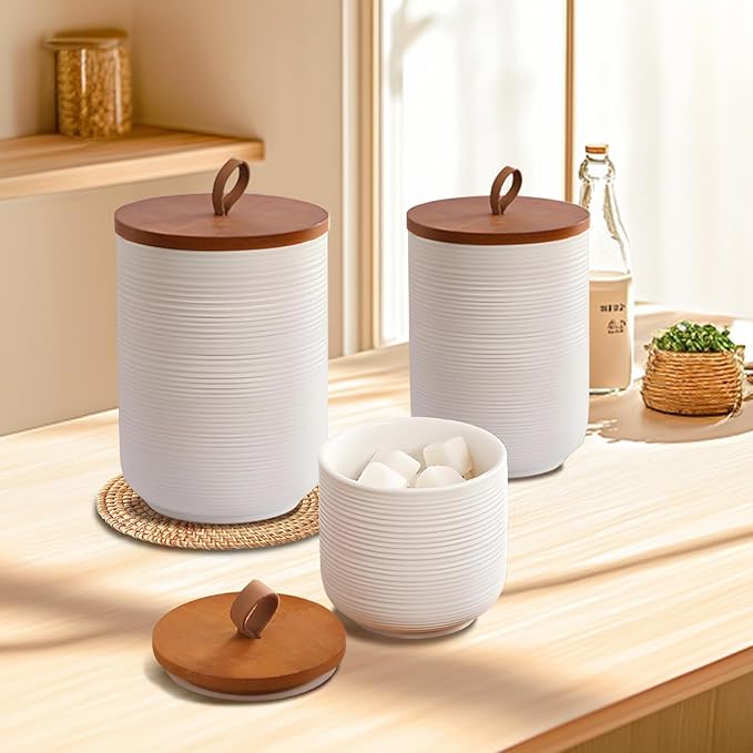 Food Storage Jar Strong Ceramic Storage Canisters with Airtight Wooden Lid,Kitchen Storage Containers for Serving Coffee Beans, Tea, Sugar, Salt, Spices (White three-piece suit)
