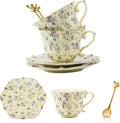 TATSUMI Country Roses Bone China Tea Cup and Saucer Set, 6 Pieces, Vintage Style, For Women and Tea Parties