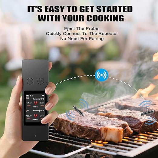 Smart Wireless Meat Thermometer, [2025 New ]，2 Upgraded Ultra-Thin Probe，No App＆Large HD Touch Screen，800FT Range，1000°F Heat Safe,IP67 Waterproof,Perfect for Kitchen, BBQ, Grill, Oven, Smoker