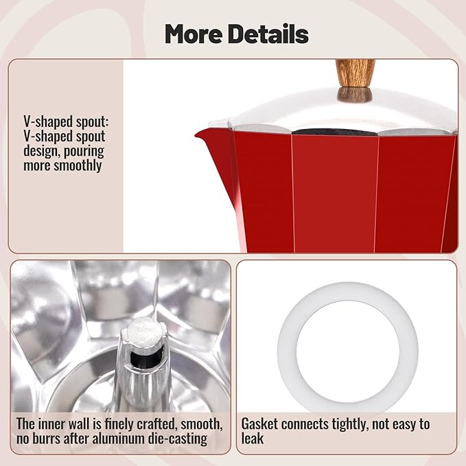 6 Cup Aluminum Moka Pot Classic Stovetop Espresso Coffee Maker 300ml 10oz Coffeemaker Percolator Mocha Pot Greca Coffee Maker Cafe Makers for Italian and Cuban Café Brewing Red