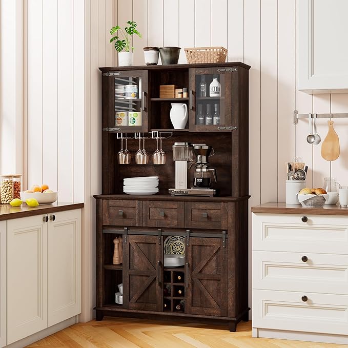 72" Coffee Bar Wine Cabinet with Sliding Barn Door & LED Lights, Sideboard Buffet Cabinet with Wine Bottle Rack, 3 Drawers, Storage Cabinets for Kitchen, Dining Room, Brown