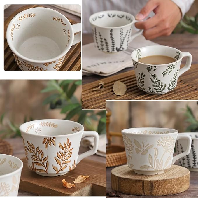 Ceramic Mug Set of 1 With Gold Spoon, 11oz - Vintage Coffee Mug, Pottery Cups for Milk, Latte, Cappuccino, Tea - Porcelain Dishwasher, Microwave Safe Stoneware 1 PCS Brown Leaf Cup