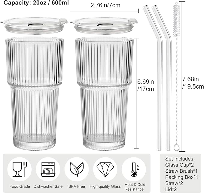 2 Pack Iced Coffee Cup with Lids, 20oz Clear Glass Tumbler with Straw & Lid, Ribbed Glassware Cups, Dishwasher Safe Drinking Glasses, Stylish Glass Cups for Coffee, Juice, Tea, Matcha