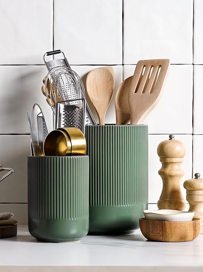 LE TAUCI Utensil Holder, 7.3"+5.4" Ceramic Kitchen Utensil Holder for Countertop, Large Cooking Utensil Crocks for Kitchen Counter, Morden Utensil Organizer for Spatula, Set of 2, Forest Green