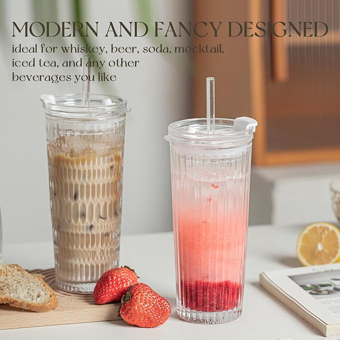 KEMORELA 18oz Glass Tumbler Set of 2 with Straw and Lid – Durable, Leak-Proof, Wide-Mouth Design – Perfect for Iced Beverages, Smoothies, and Daily Hydration Needs