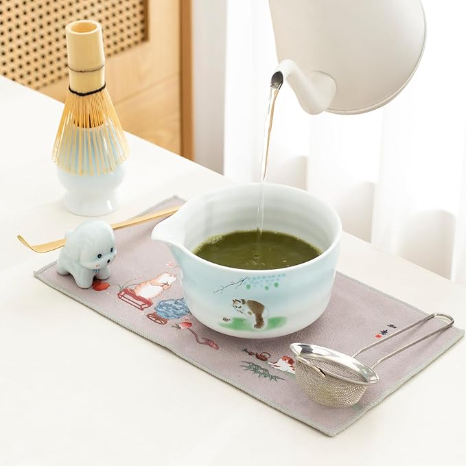 Matcha whisk and bowl set, ceramic matcha bowl with spout, matcha tea set for breakfast, matcha latte, perfect matcha set for ceremony 7 piece set (blue)