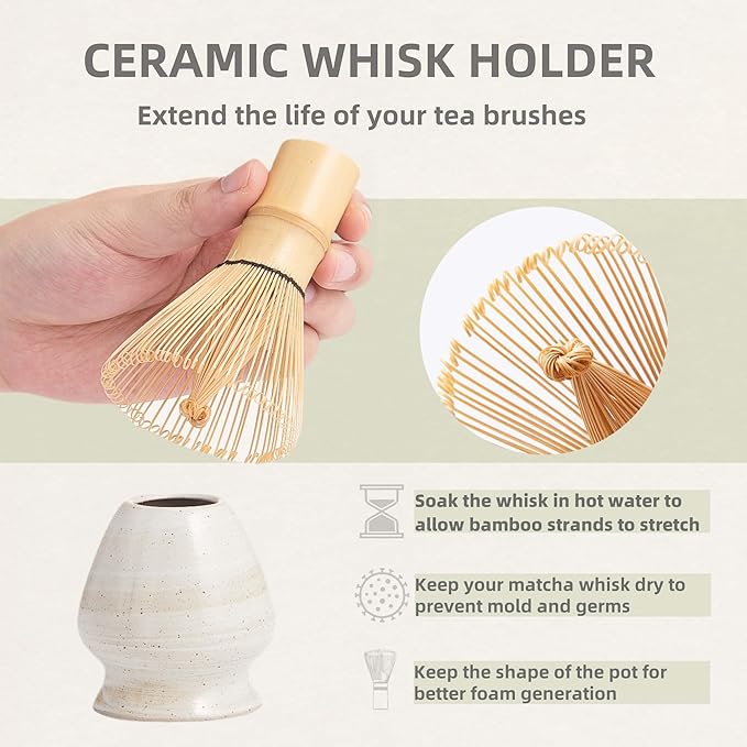 Matcha Whisk Set, Ceramic Matcha Set with Bowl, Matcha Whisk and Holder, Sifter, Bamboo Spoon, Scoop, 6Pcs Ceremony Matcha Kit for Tea Lovers Making Breakfast/Latte