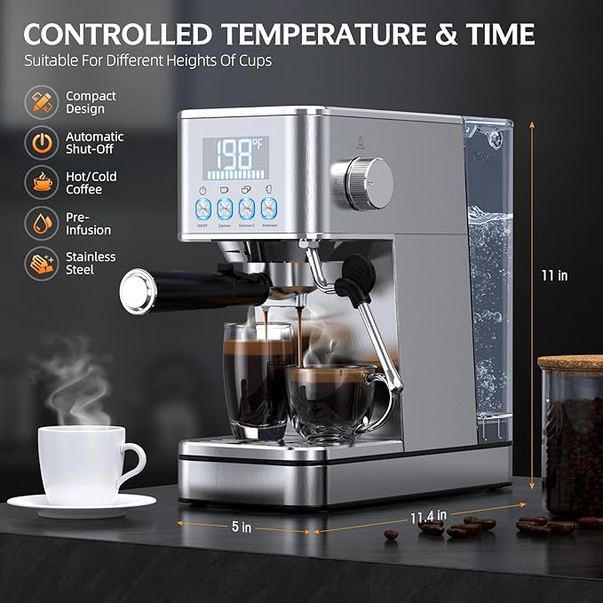 Espresso Machine, 20Bar Compact Stainless Espresso Maker, With Milk Frother Steam Wand, 57.5OZ Removable Water Tank, Displays Making Time & Water Temperature, Cold Brew & Cappuccino, Silver