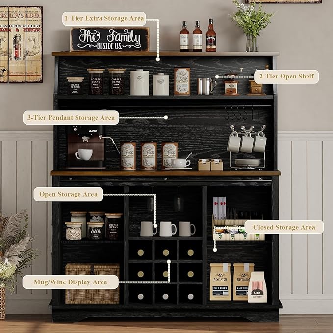 47 Inch Farmhouse Coffee Bar Cabinet with 3-Tier Storage, Coffee Bar Hutch with 9 Wine Racks, 3 Glass Holders, 6 Hooks, Kitchen Hutch for Dining Living Room, Black