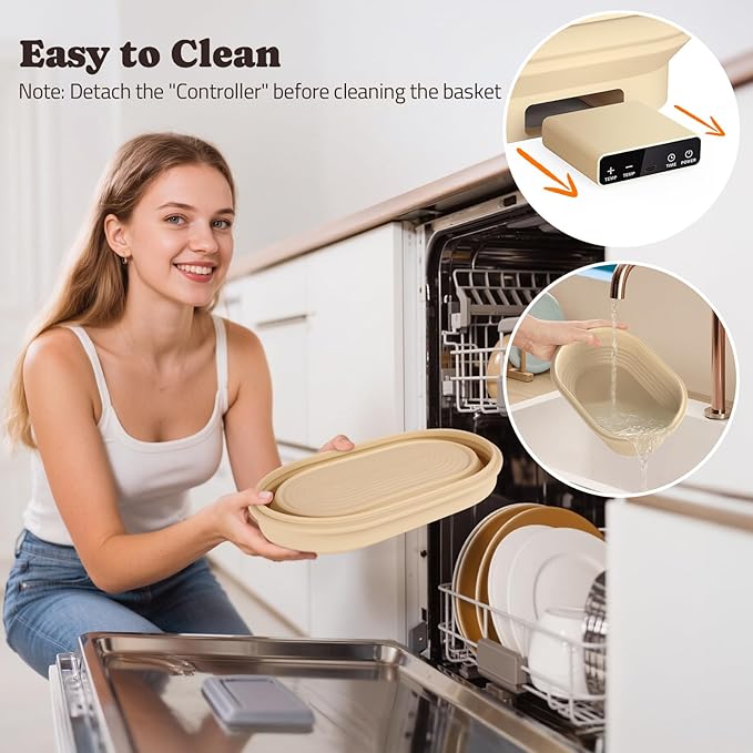 Heating Sourdough Bread Proofing Basket, 2L Electric Thermostatic Silicone Oval Banneton Proofing Bowl with 6 Timer & Temp Settings for Dough Rising, Dishwasher Safe, Foldable Sourdough Starter Bowl