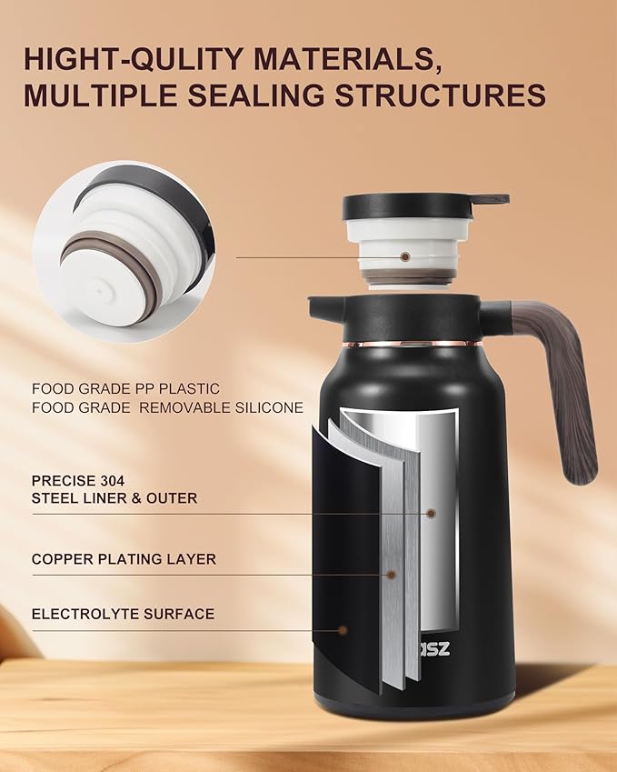 2 PCS Thermal Coffee Carafe 70 oz - 36 Hour Stainless Steel Carafes for Hot Liquids-Insulated Coffee Carafes For Keeping Hot/Cold Coffee, Tea, (Black+Silver)