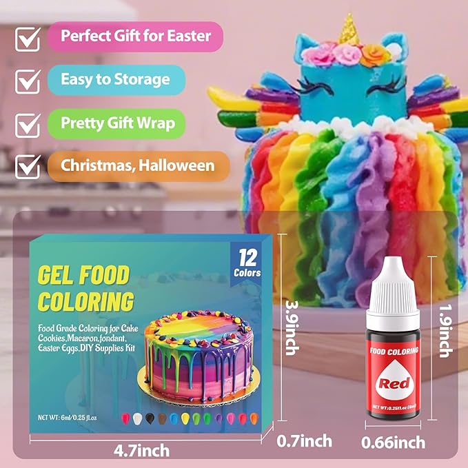 12 Color Gel Food Coloring Liquid Set-KATSPRO Food Grade Tasteless Vibrant Kids Food Coloring Dye for Baking Icing Cake Decorating Cookie Fondant, Frosting, Cookies, Christmas Baking, Easter Egg and DIY Supplies Kit - 0.25 Fl.oz(6ml)/Bottles