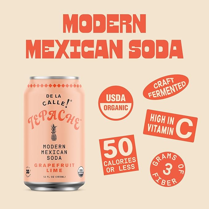 De La Calle Tepache - Grapefruit Lime - Modern Mexican Soda - Craft Fermented Pineapple Sparkling Beverage - Certified Organic, Antioxidant Rich, Non-Alcoholic, Healthy Soda, Low Sugar, Low Calorie, Non-GMO