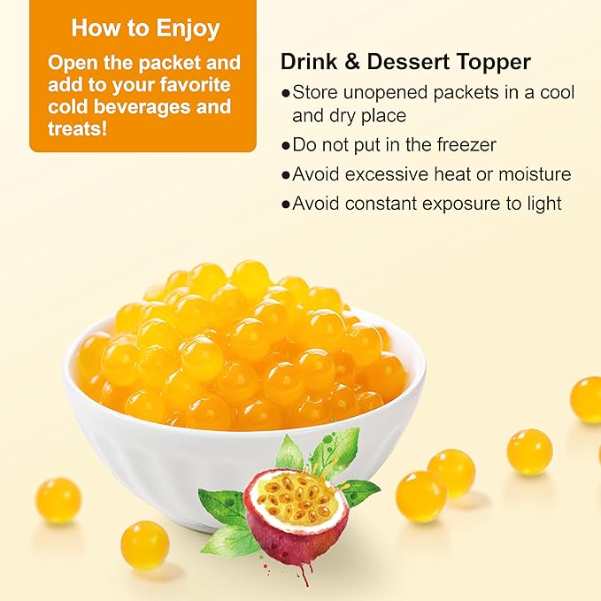 J WAY Bursting Popping Passion Fruit Boba Pearls, Passion Fruit Syrup, Non-Dairy, Fat-Free Popping Tapioca Boba for Beverages, Sweets, Ice Cream (2LB, 1 Pack)