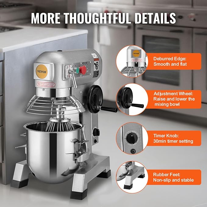 VEVOR Commercial Mixer 30Qt, Commercial Food Mixer Stainless Steel Bowl, 1100W Commercial Stand Mixer with 3 Speeds Adjustable, Dough Hook Whisk Beater Included, Perfect for Bakery Pizzeria, Silver