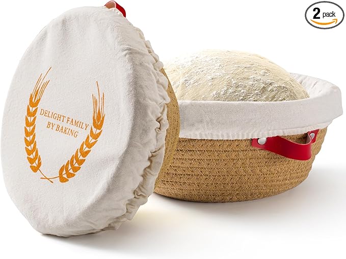Cotton Rope Banneton Bread Proofing Basket Set - Includes handmade two round bread baskets with liners and covers. Ideal for sourdough bread baking supplies and starters