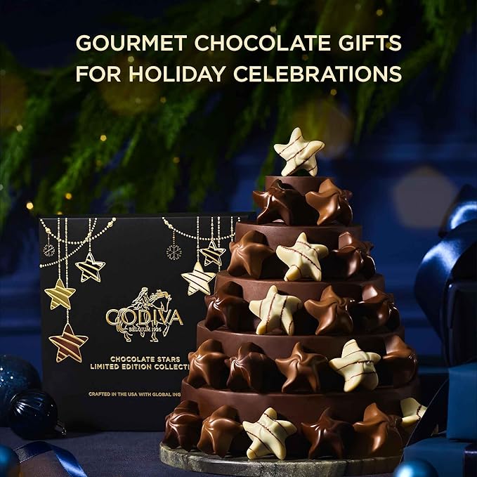 Godiva Holiday Stars Collection Gift Box, Festive Star-Shaped Chocolates with Ganache, Caramel & Raspberry Filling, Limited Edition Holiday Assortment, 16 Pc