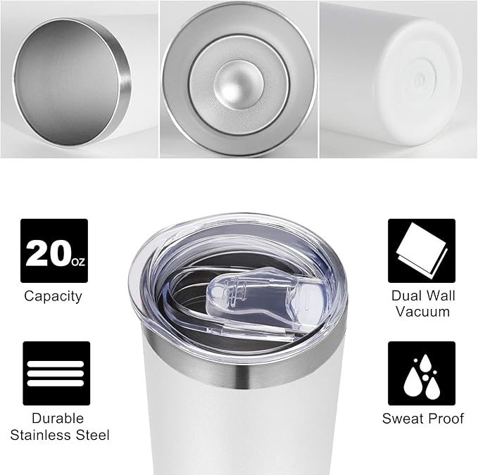VEGOND Stainless Steel Tumblers Bulk 8 Pack, 20 oz Vacuum Insulated Skinny Tumblers with Lid and Straw, Double Wall Coffee Mug, Travel Water Cup, White