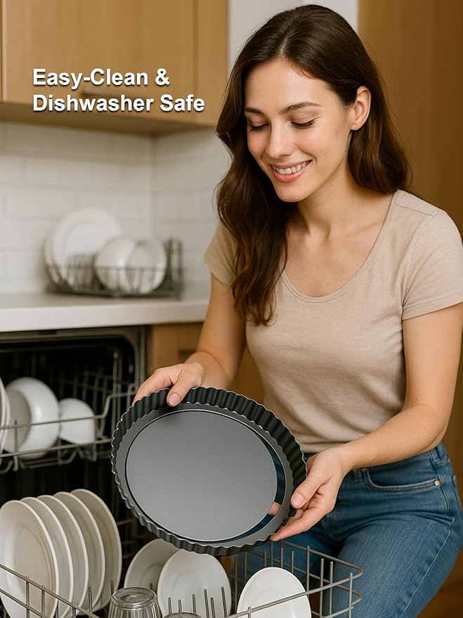 10 Inch Round Quiche Pans with Pie Cake Server. Removable Bottom, Non-Stick Coating, Rugged Carbon Steel for Tart Quiche Pie Baking. Gift for Women Wife Christmas Thanksgiving Party Festival