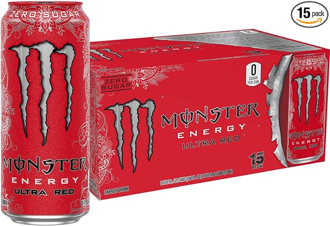 Monster Energy Ultra Red, Sugar Free Energy Drink, 16 Ounce (Pack of 15)