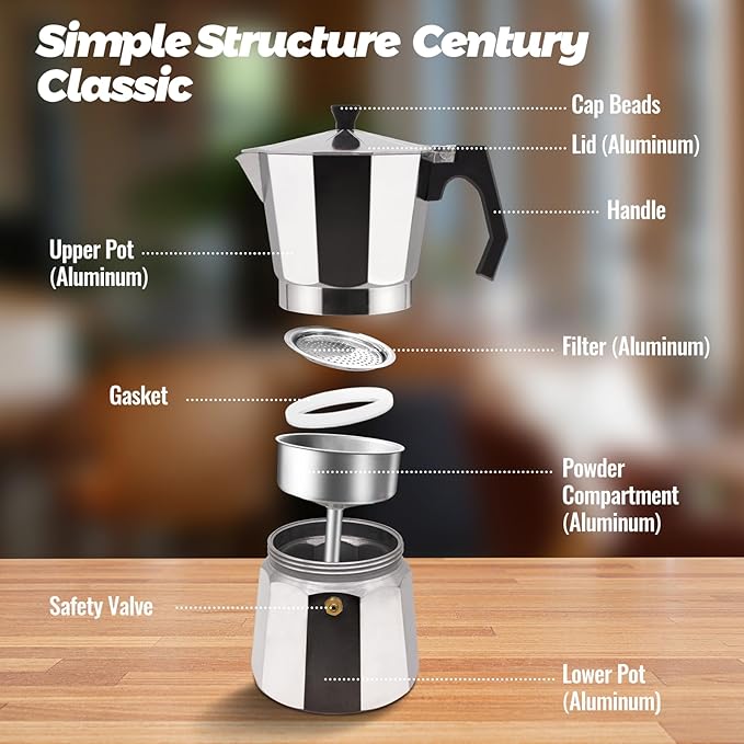 6 Cup Aluminum Moka Pot Classic Stovetop Espresso Coffee Maker 300ml 10oz Coffee maker Percolator Mocha Pot Greca Coffee Maker Cafe Makers for Italian and Cuban Café Brewing Silver