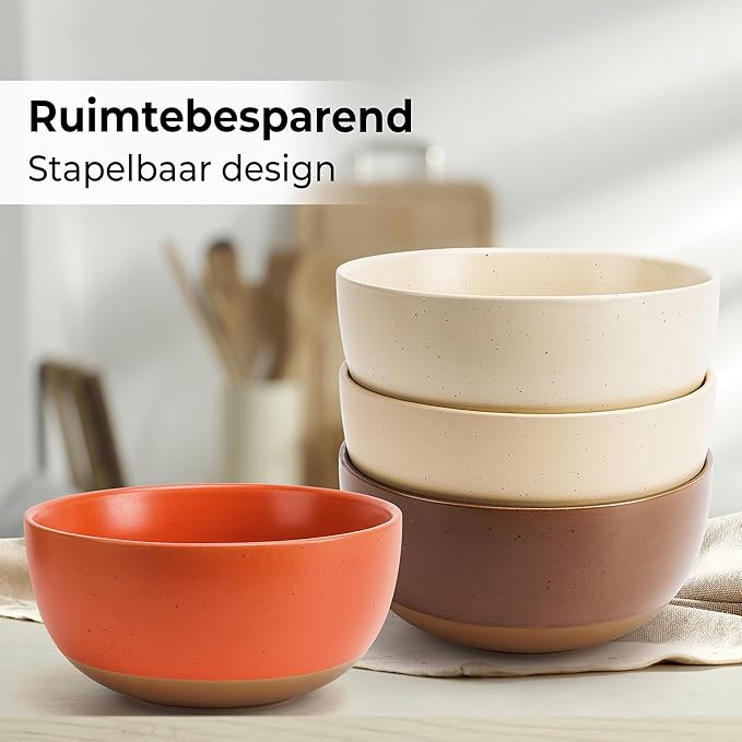 MIAMIO – Set of 4, 28 Ounce Ceramic Soup Bowls/Cereal Bowl Set for Salad, Oatmeal, Fruit, Rice – Dishwasher & Microwave Safe – Aura Collection (Cozy Neutral, Bowls (4x))