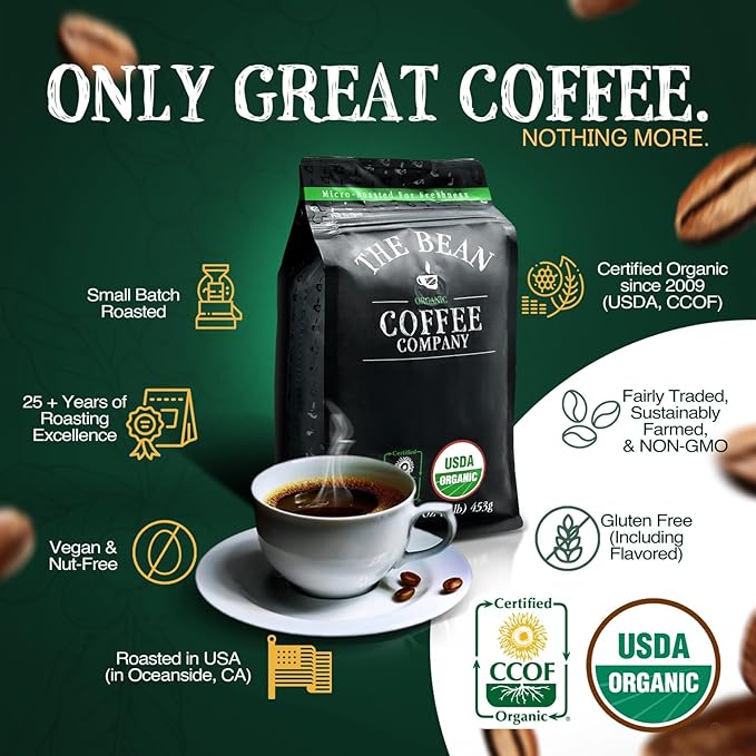 The Bean Organic Coffee Company South America, Medium Roast, Ground Coffee, 5-Pound Bag, Café molido tostado orgánico