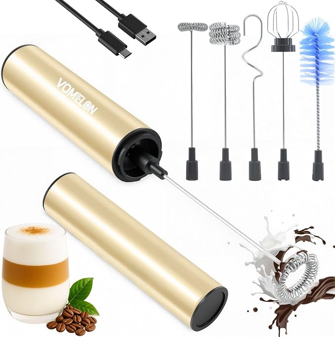 Rechargeable Milk Frother Handheld Electric Frother Wand Milk Foamer Drink Mixer for Coffee, Lattes, Cappuccino, and Egg, Stainless Steel for Travel-Beige