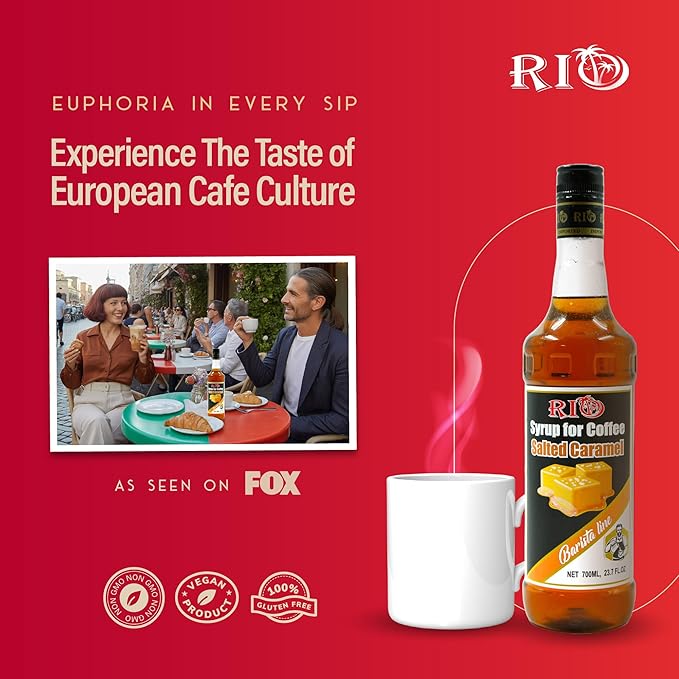 RIO Salted Caramel Coffee Syrup, Perfect for Hot or Iced Drinks & Desserts, Sweet & Salty Flavoring Sweetened with Pure Cane Sugar, Barista-Grade Flavor Syrups for Coffee Drinks at Home & Work - 700ml