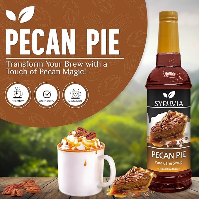 Syruvia Pecan Pie Syrup – 25.4 fl oz Syrup for Coffee, Lattes, Shakes, Smoothies, Desserts – 100% Vegan, Gluten Free, Kosher – Delicious Coffee Syrup