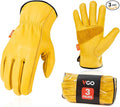 Vgo 3-Pairs Unlined Cow Grain Leather Work and Driver Gloves with Cow Split Leather Palm Patch (Size L, Gold,CA9590)