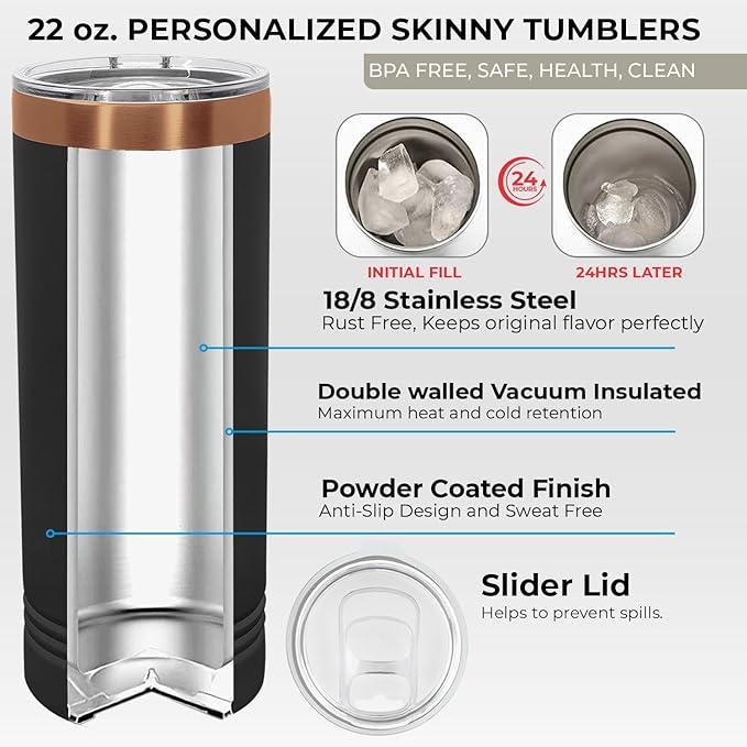 Personalized Skinny Tumbler by iProductsUS - Rose Gold Stainless Steel Custom Cup with Slider Lid & Straw. Customized 22oz Vacation Vacuum Insulated Coffee Mug - Christmas Gift for Mom, Sister