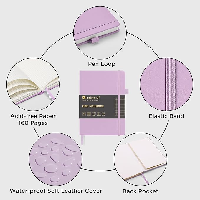 &And Per Se Graph Journal Notebook, 160 Pages, 5.7 x 8 inches College Ruled Thick Paper Notebook Journals for Writing, Grid Hardcover Notebook(1 Pack, Lavender)