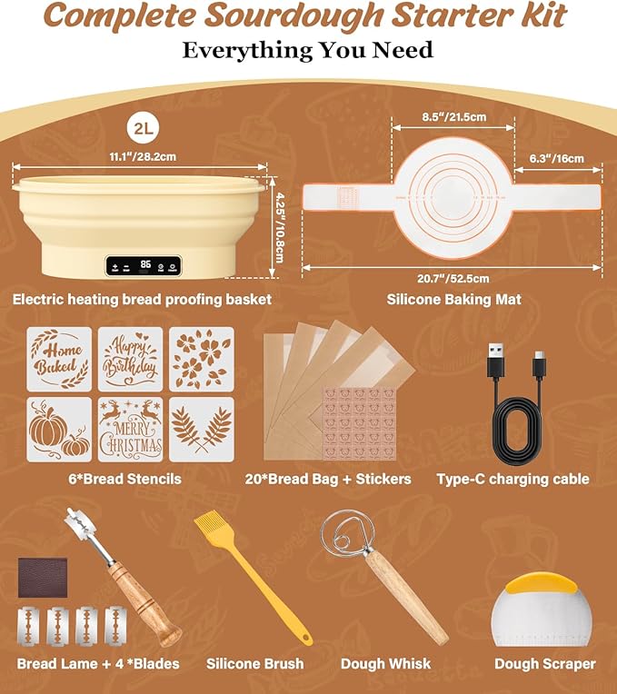 HK Electric Sourdough Starter Kit with 6-Temp Control & Timer, 11" Foldable Sourdough Bread Baking Supplies & Dough Warmer, Complete Banneton Bread Proofing Basket Set for Artisan Home Bakers