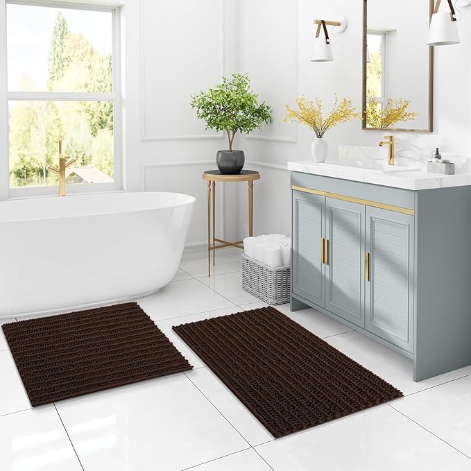 Arotive Luxury Chenille Bathroom Rug Mat, Extra Soft Thick Absorbent Shaggy Bath Rugs, Non-Slip Machine Wash Dry, Plush Bath Mats for Bathroom, Shower and Tub, 36x24, Brown
